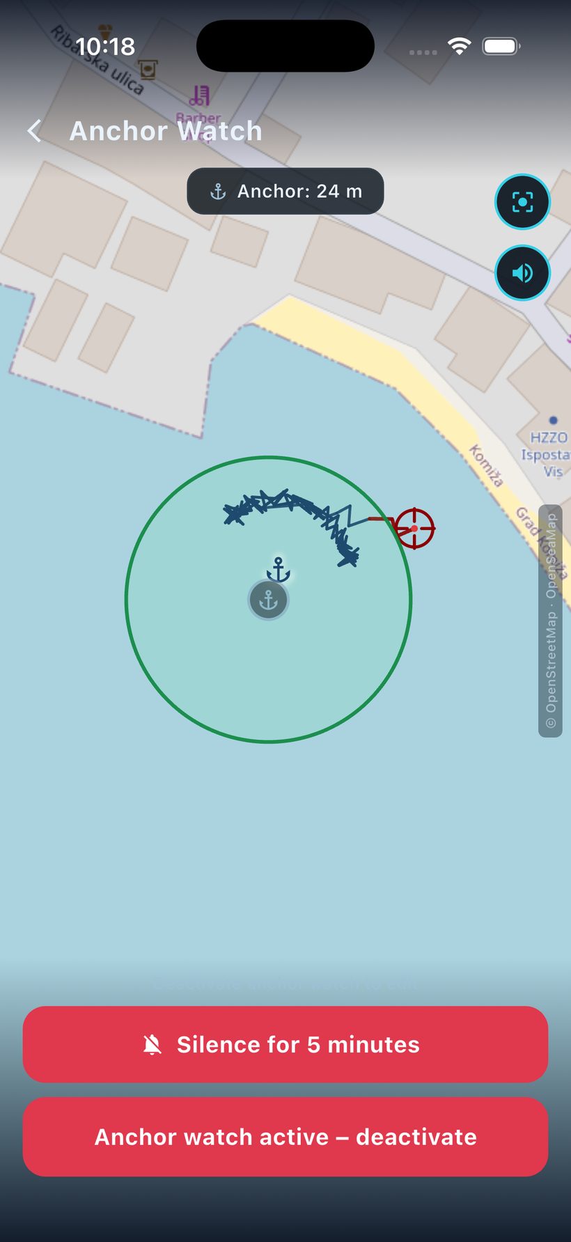 Anchor watch with swing circle and drag alarm