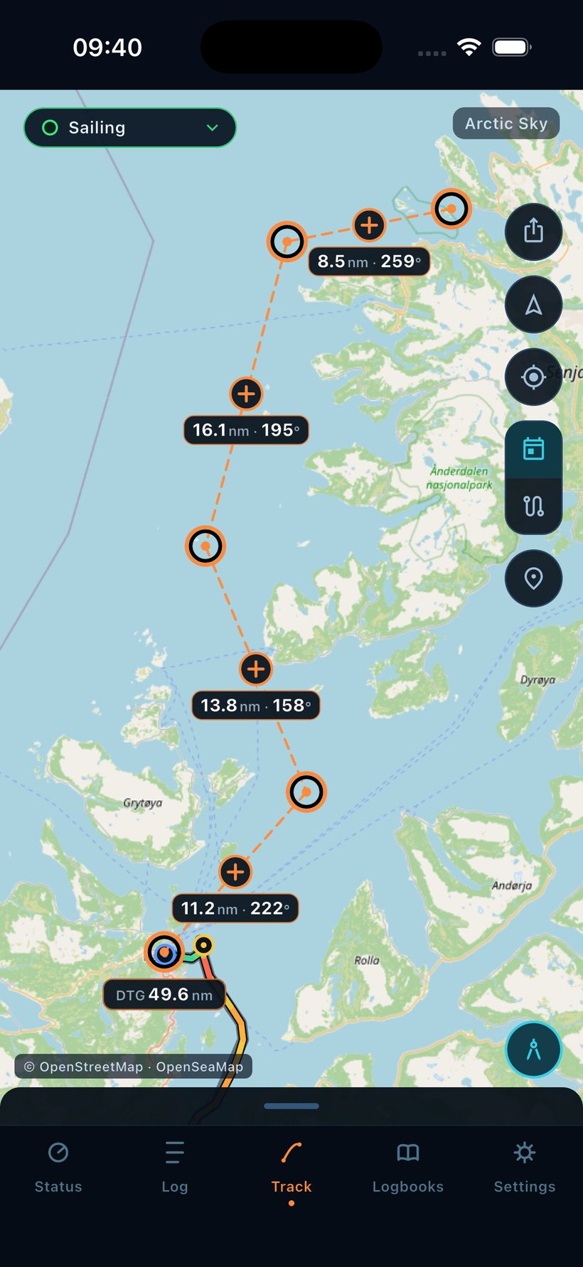 Route caliper — legs with distance, bearing and ETA