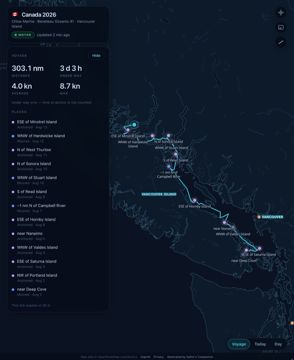 Geteilter Törn im Browser: Spur rund um Vancouver Island, Ankerplätze und Statistik, live aktualisiert