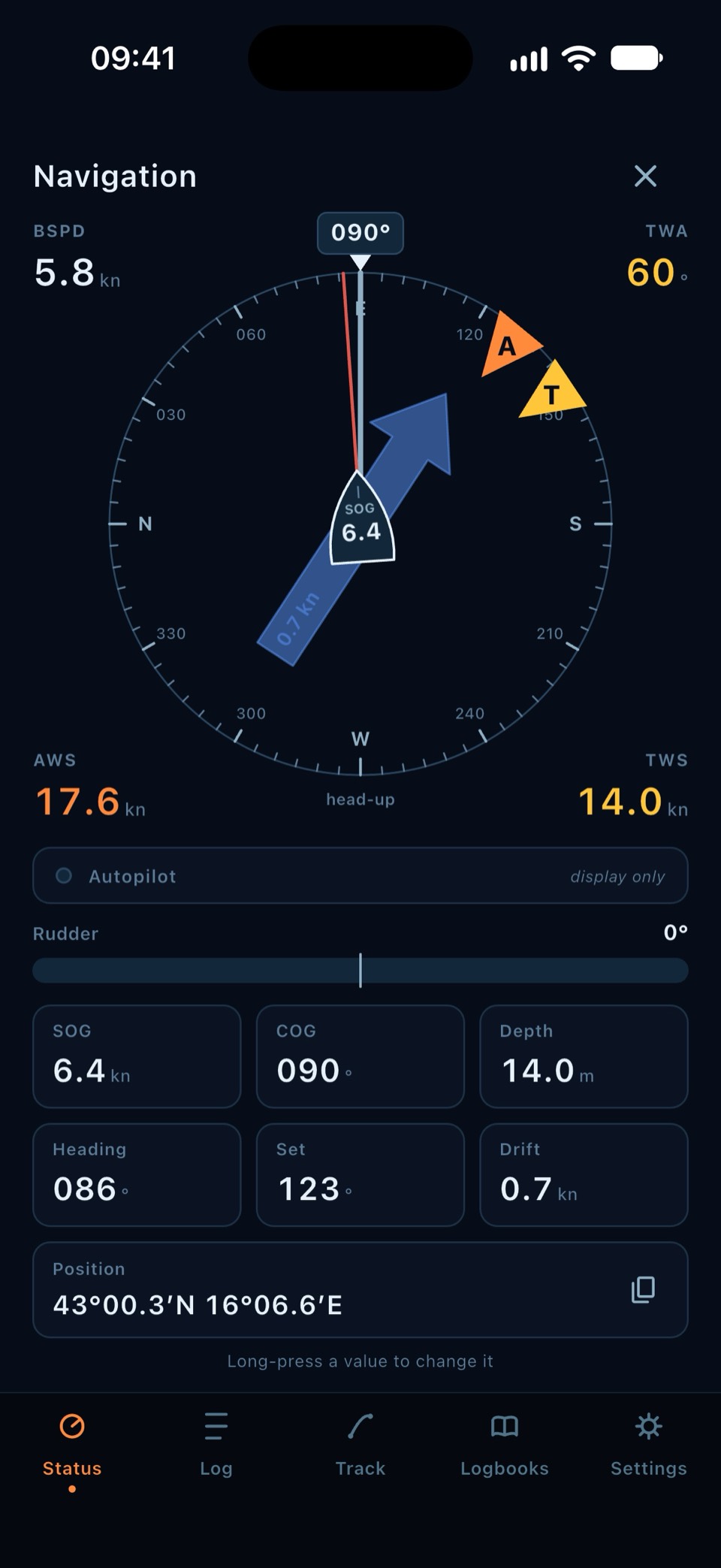 Navigationspanel mit Wind, Tiefe, Fahrt durchs Wasser und Strom, live vom Bordnetz