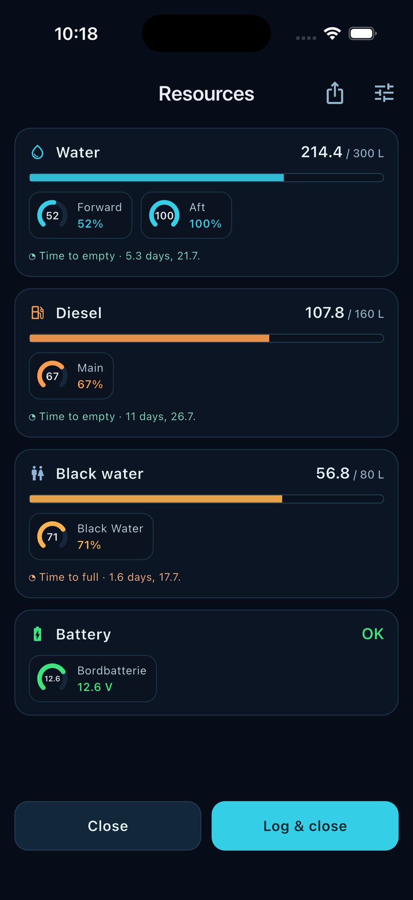Resources — fuel, water and battery levels