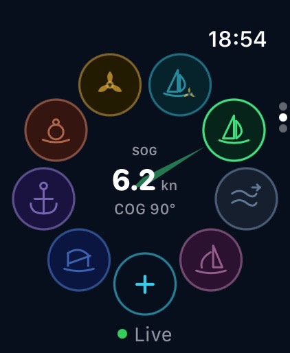Apple Watch: Statusrad mit SOG 6,2 kn und COG 90°