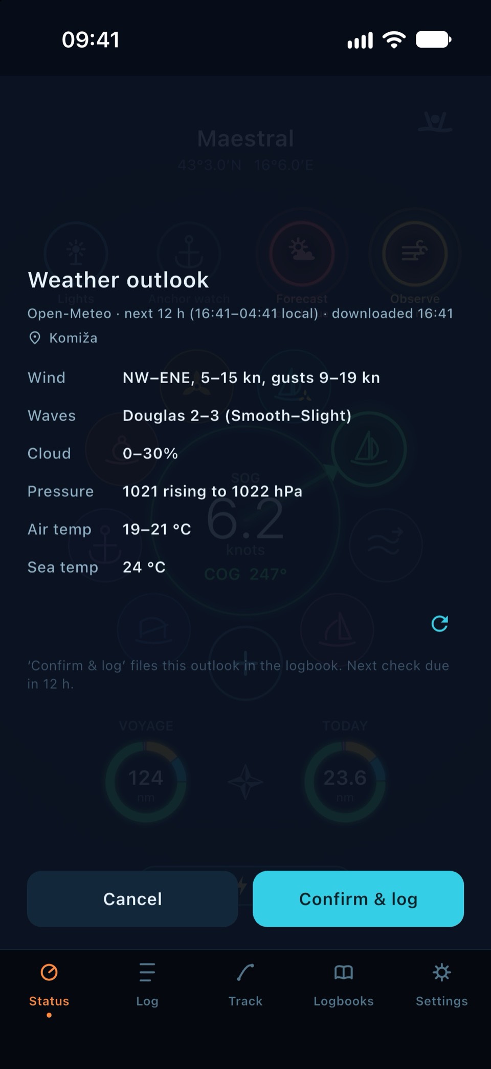 Echte Vorhersage für Komiža mit Wind, Seegang, Bewölkung und Luftdruck