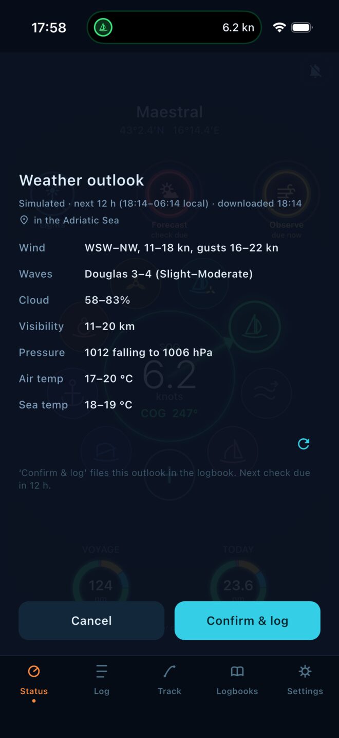 Weather forecast in the logbook